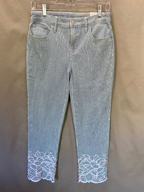Chicos Girlfriend Stripped Crop Slim Leg Jeans with Embroidered Hem Size 2 - NWT
